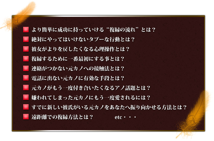 より簡単に成功に持っていける“復縁の流れ”とは？ 絶対にやってはいけないタブーな行動とは？彼女がよりを戻したくなる心理操作とは？復縁するために一番最初にする事とは？連絡がつかない元カノへの接触法とは？電話に出ない元カノに有効な手段とは？元カノがもう一度付き合いたくなるアノ話題とは？嫌われてしまった元カノにもう一度愛されるには？すでに新しい彼氏がいる元カノをあなたへ振り向かせる方法とは？遠距離での復縁方法とは？etc・・・