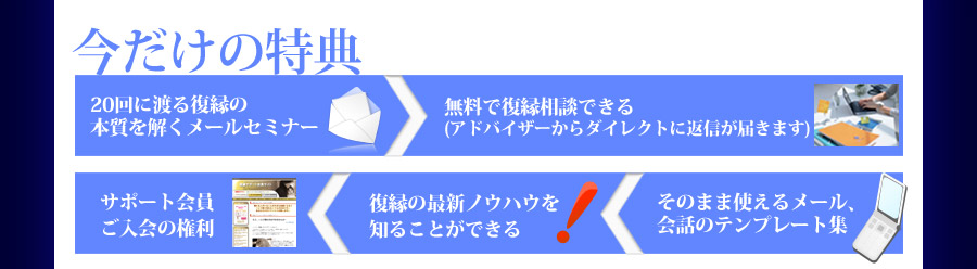 今だけの特典　２０回に渡る復縁の本質を解くメールセミナー　アドバイザーからダイレクトに復縁相談に無料で返信　復縁までをサポート。サポート会員ご入会の権利　復縁の最新ノウハウの情報提供　そのまま使えるメール、会話のテンプレート集