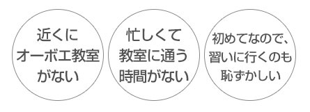 近くにオーボエ教室がない、忙しくて教室に通う時間がない、初めてなので、習いに行くのも恥ずかしい