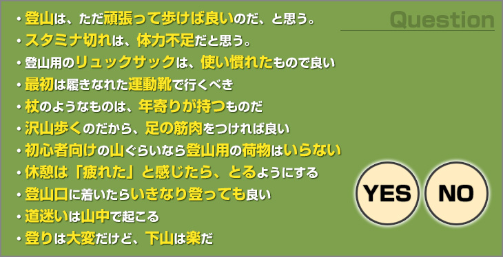 ・登山は、ただ頑張って歩けば良いのだ、と思う。・スタミナ切れは、体力不足だと思う。・登山用のリュックサックは、使い慣れたもので良い・最初は履きなれた靴で行くべき・杖のようなものは、年寄りが持つものだ・沢山歩くのだから、足の筋肉をつければ良い・休憩は「疲れた」と感じたら、とるようにする・登山口についたらいきなり登ってもよい・道迷いは山中で起こる・登りは大変だけど、下山は楽だ　ＹＥＳ／ＮＯ